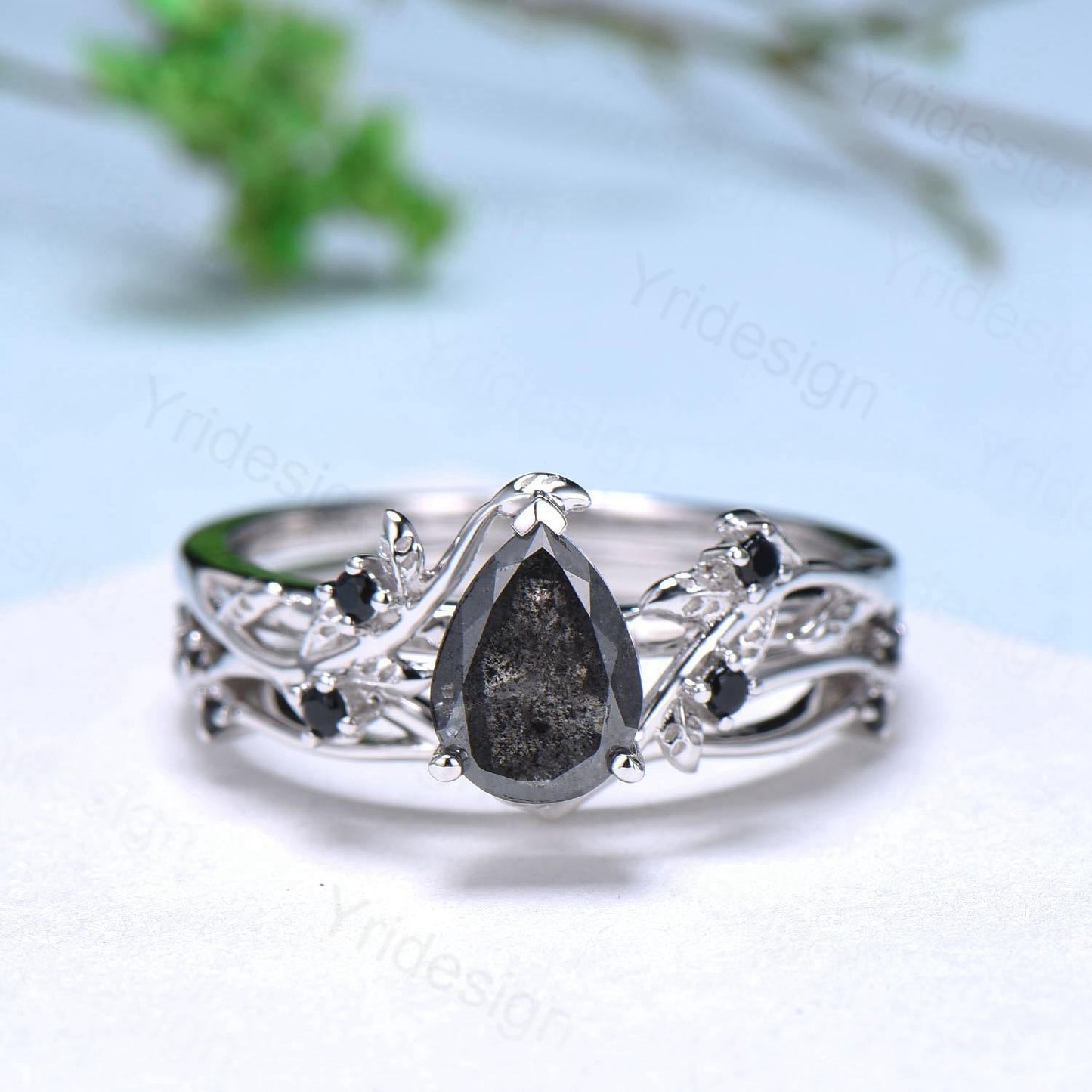 Nature inspired salt pepper diamond engagement ring vintage pear shaped twig vine pepper diamond bridal set unique leaf vine ring for women