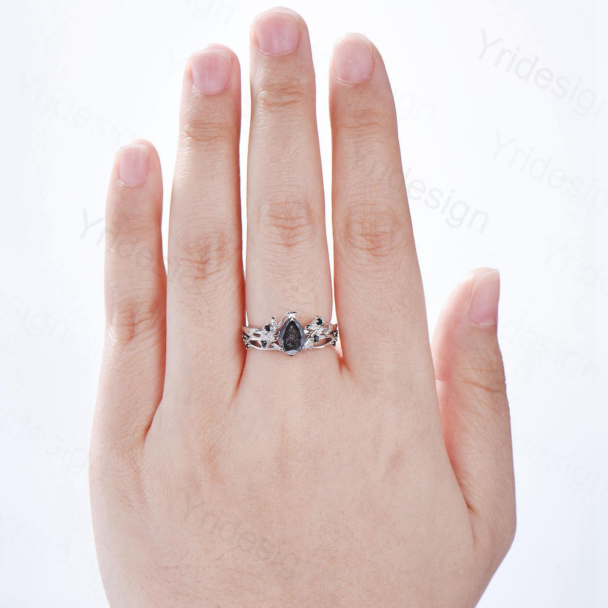 Nature inspired salt pepper diamond engagement ring vintage pear shaped twig vine pepper diamond bridal set unique leaf vine ring for women