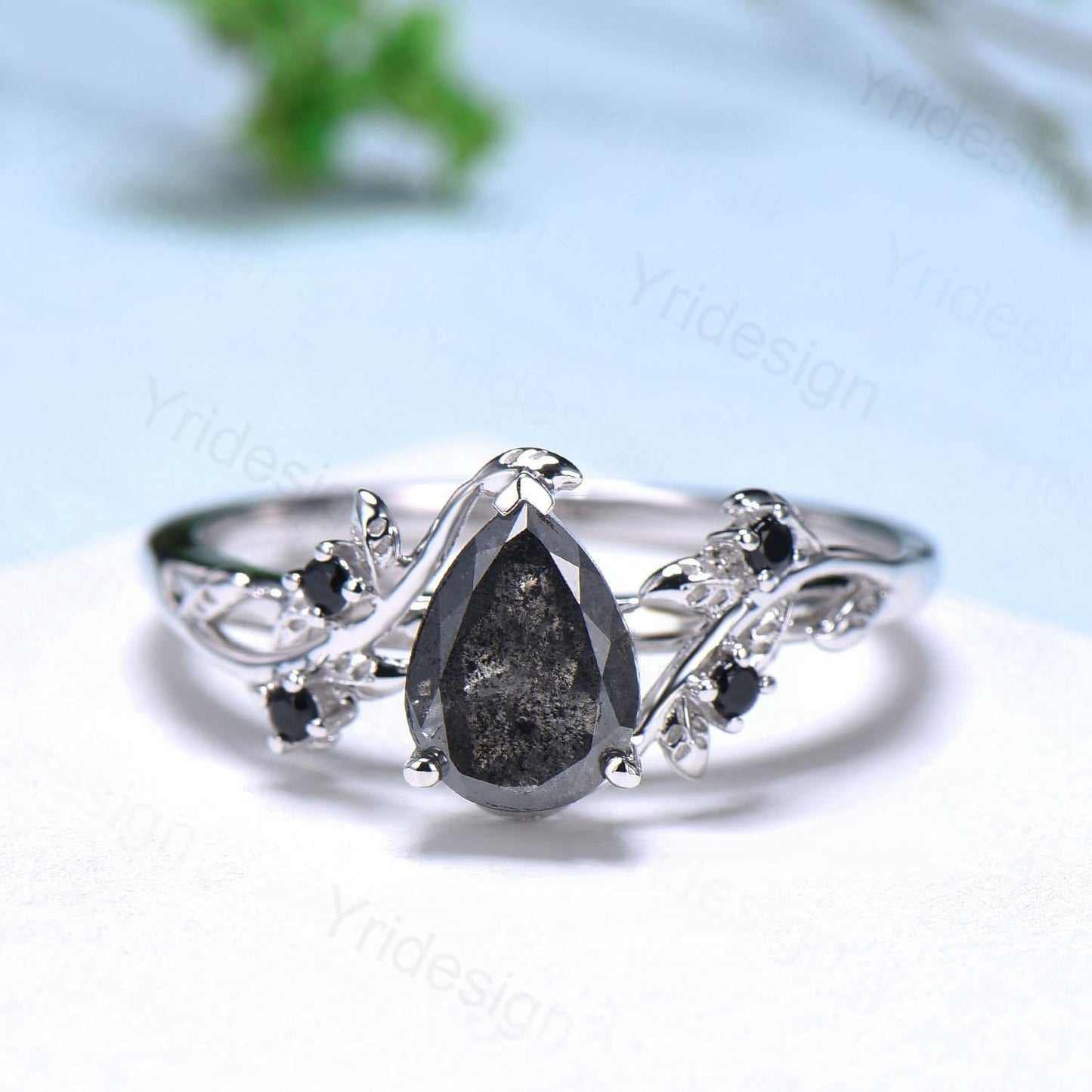 Nature inspired salt pepper diamond engagement ring vintage pear shaped twig vine pepper diamond bridal set unique leaf vine ring for women