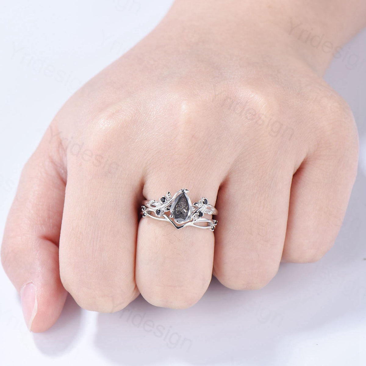Nature inspired salt pepper diamond engagement ring vintage pear shaped twig vine pepper diamond bridal set unique leaf vine ring for women