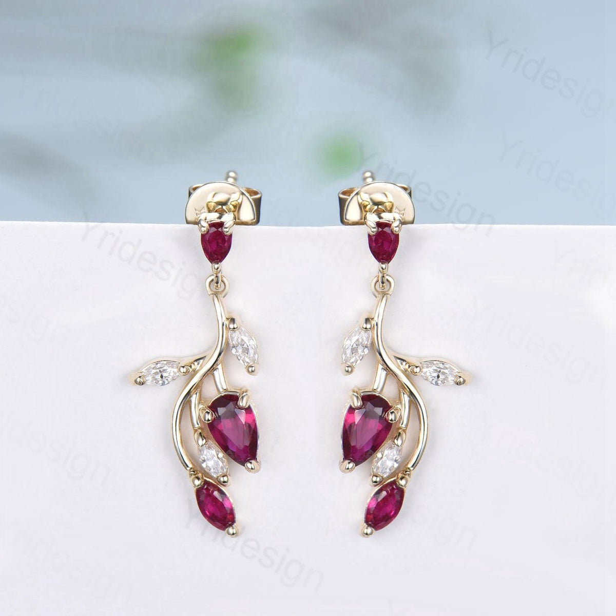 Elegant Ruby Earrings Nature Inspired Red Ruby Stud Earrings July birthstone Earrings Solid 14K Yellow  Gold Vintage Leaves Earrings Women