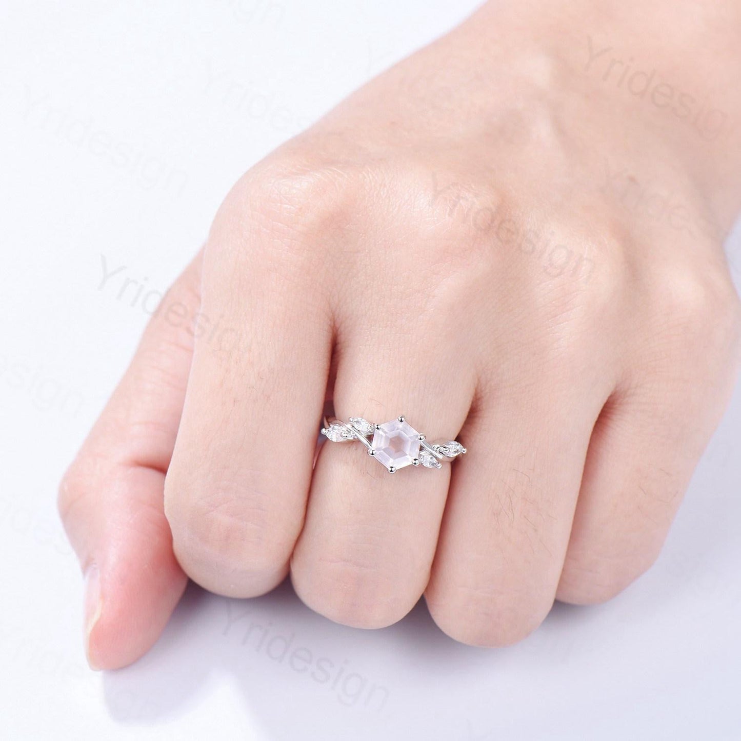 Hexagon cut rose quartz engagement ring vintage Unique Marquise cut Diamond Cluster ring White gold engagement ring Bridal Anniversary ring