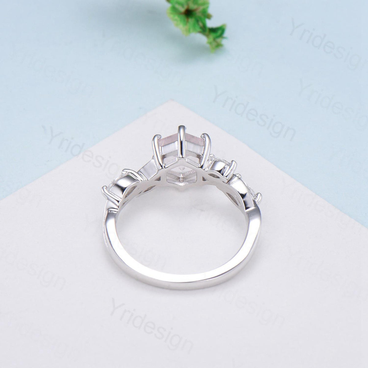 Hexagon cut rose quartz engagement ring vintage Unique Marquise cut Diamond Cluster ring White gold engagement ring Bridal Anniversary ring