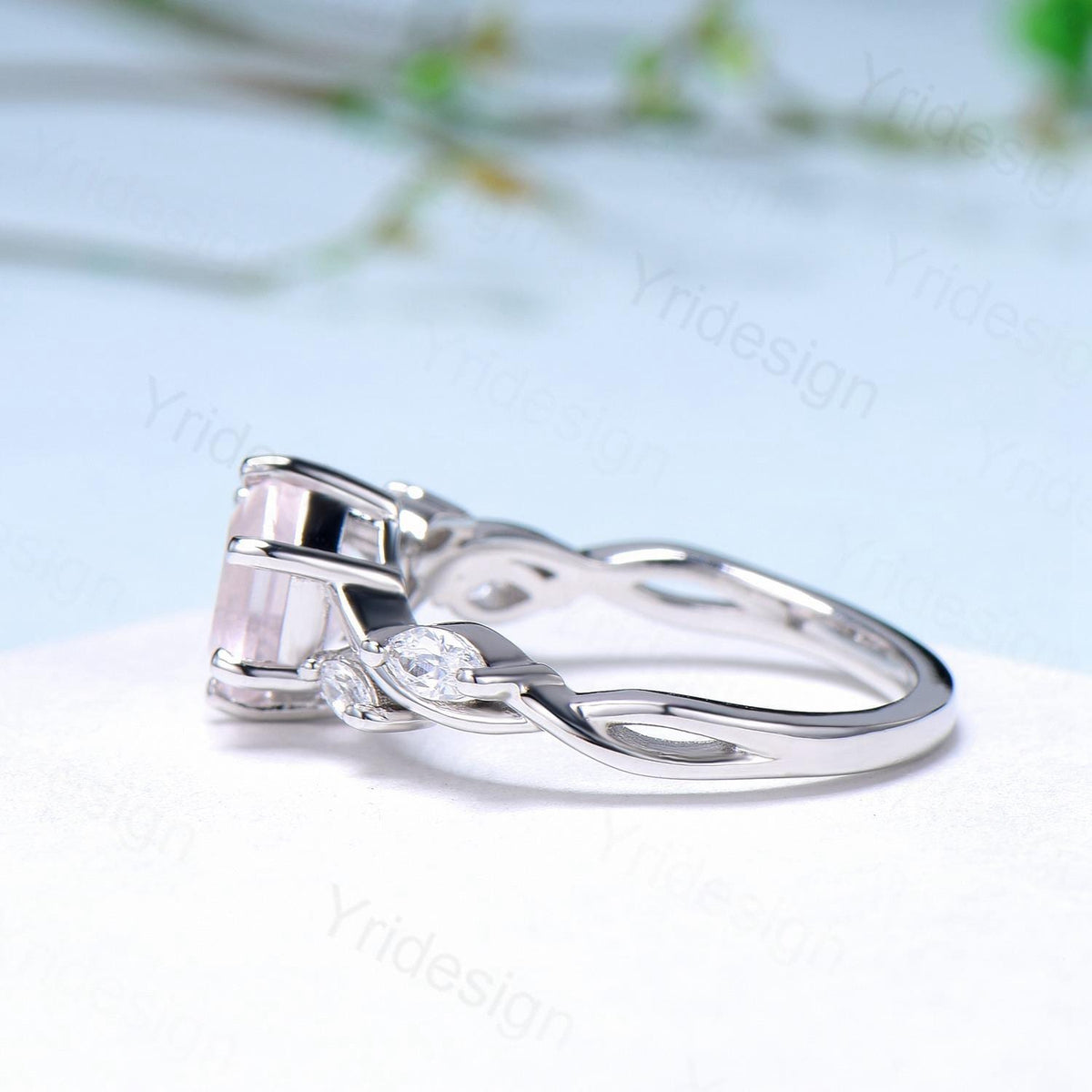 Hexagon cut rose quartz engagement ring vintage Unique Marquise cut Diamond Cluster ring White gold engagement ring Bridal Anniversary ring
