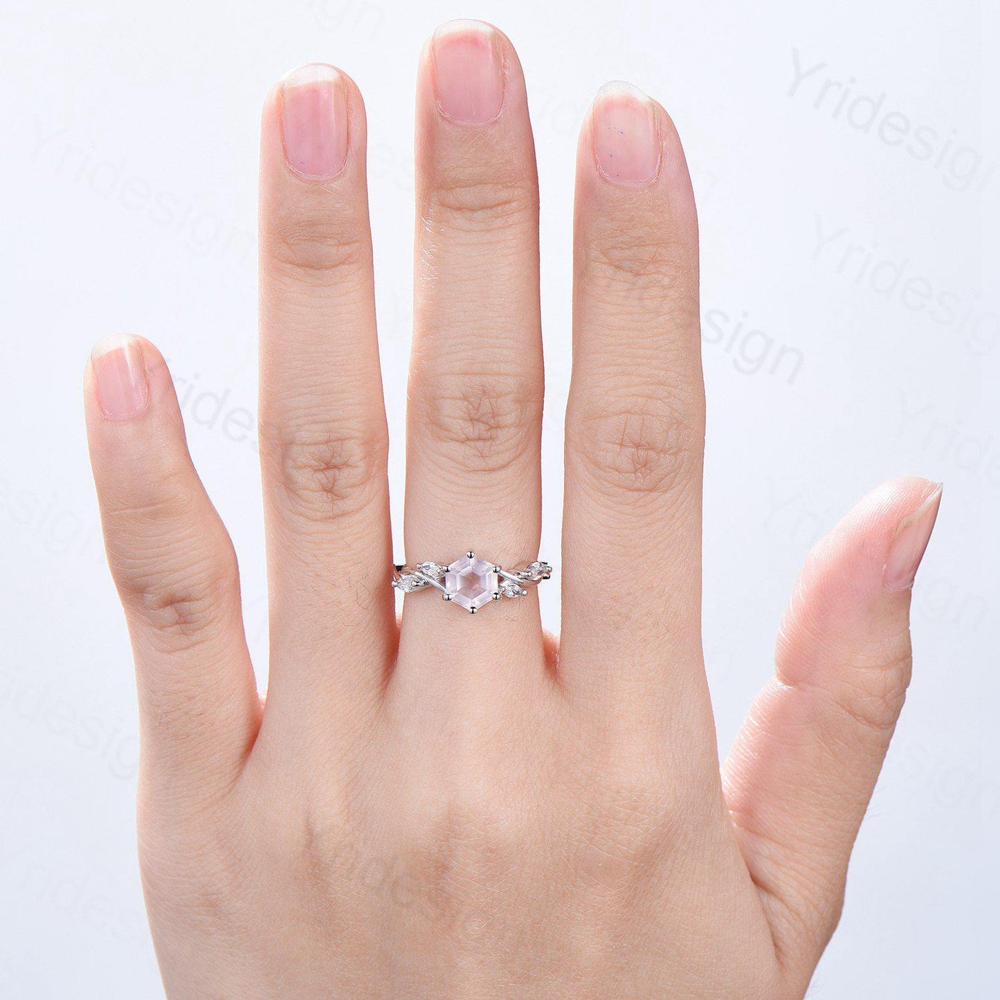 Hexagon cut rose quartz engagement ring vintage Unique Marquise cut Diamond Cluster ring White gold engagement ring Bridal Anniversary ring