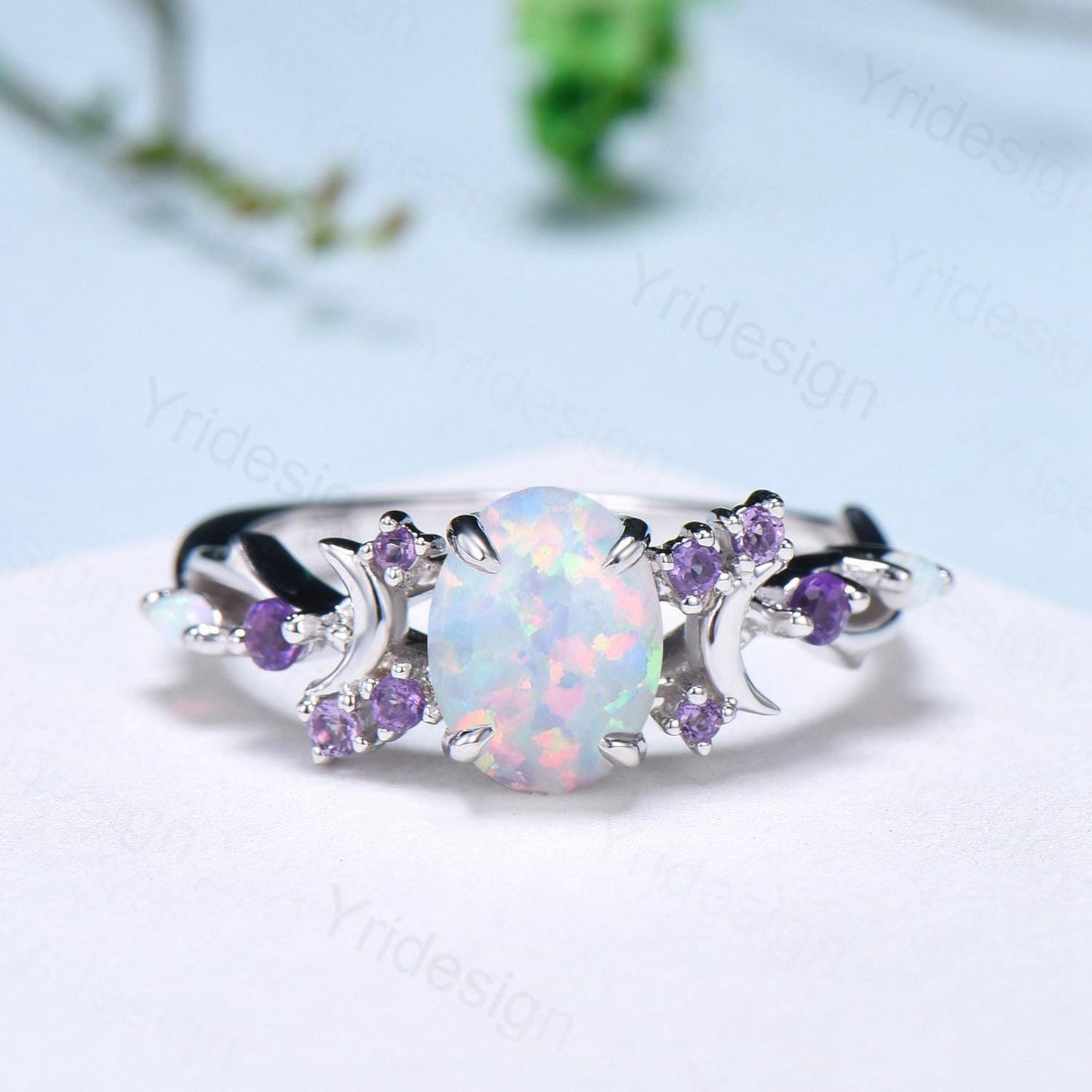 Unique Oval White Opal Engagement Ring Vintage Fire Opal Moon Split Shank Wedding Ring Branch Amethyst Wedding Ring Promise Gift For Women