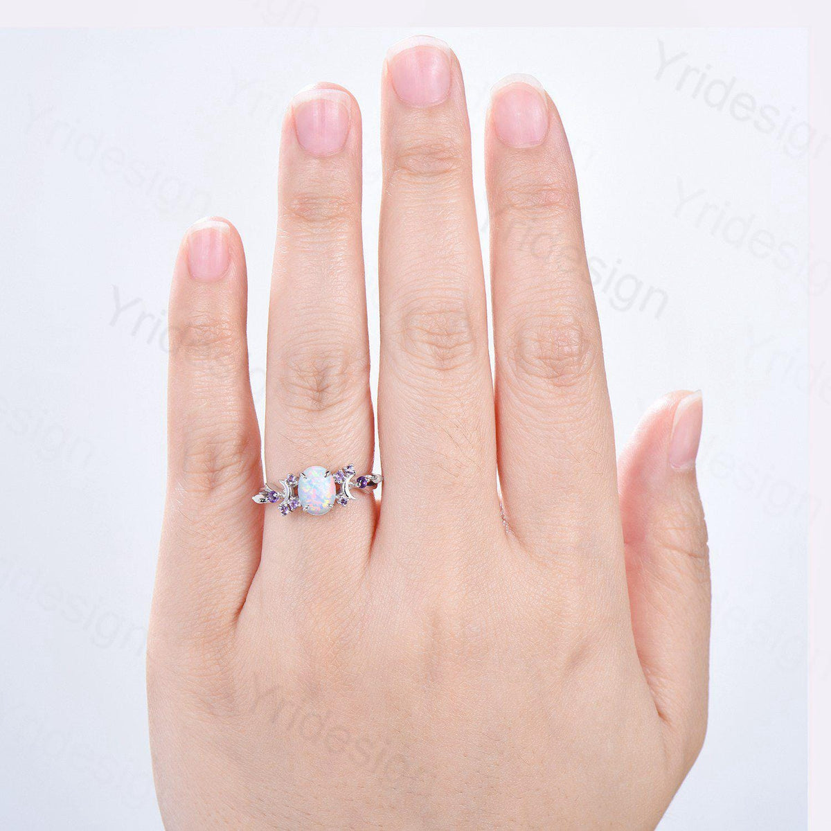 Unique Oval White Opal Engagement Ring Vintage Fire Opal Moon Split Shank Wedding Ring Branch Amethyst Wedding Ring Promise Gift For Women
