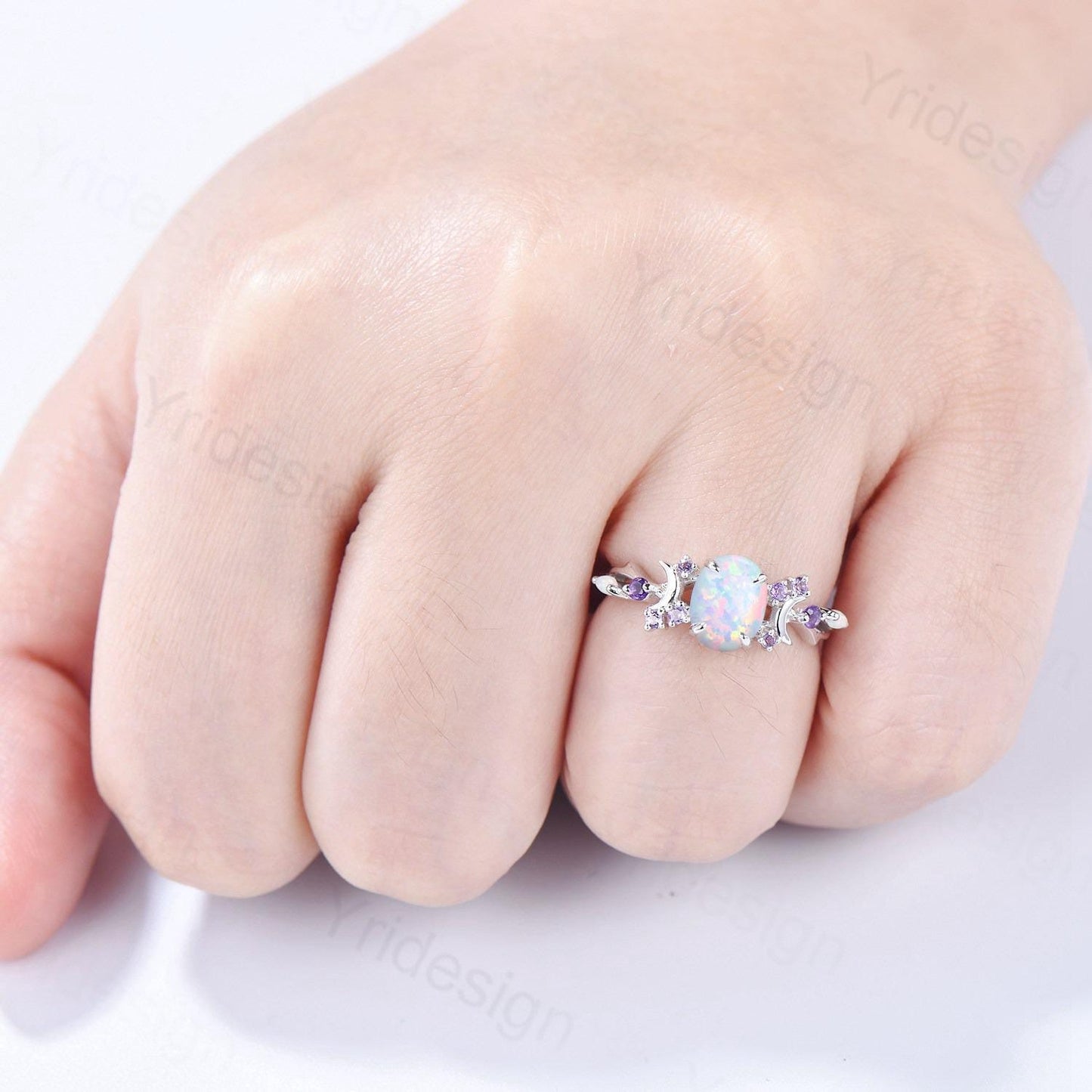 Unique Oval White Opal Engagement Ring Vintage Fire Opal Moon Split Shank Wedding Ring Branch Amethyst Wedding Ring Promise Gift For Women