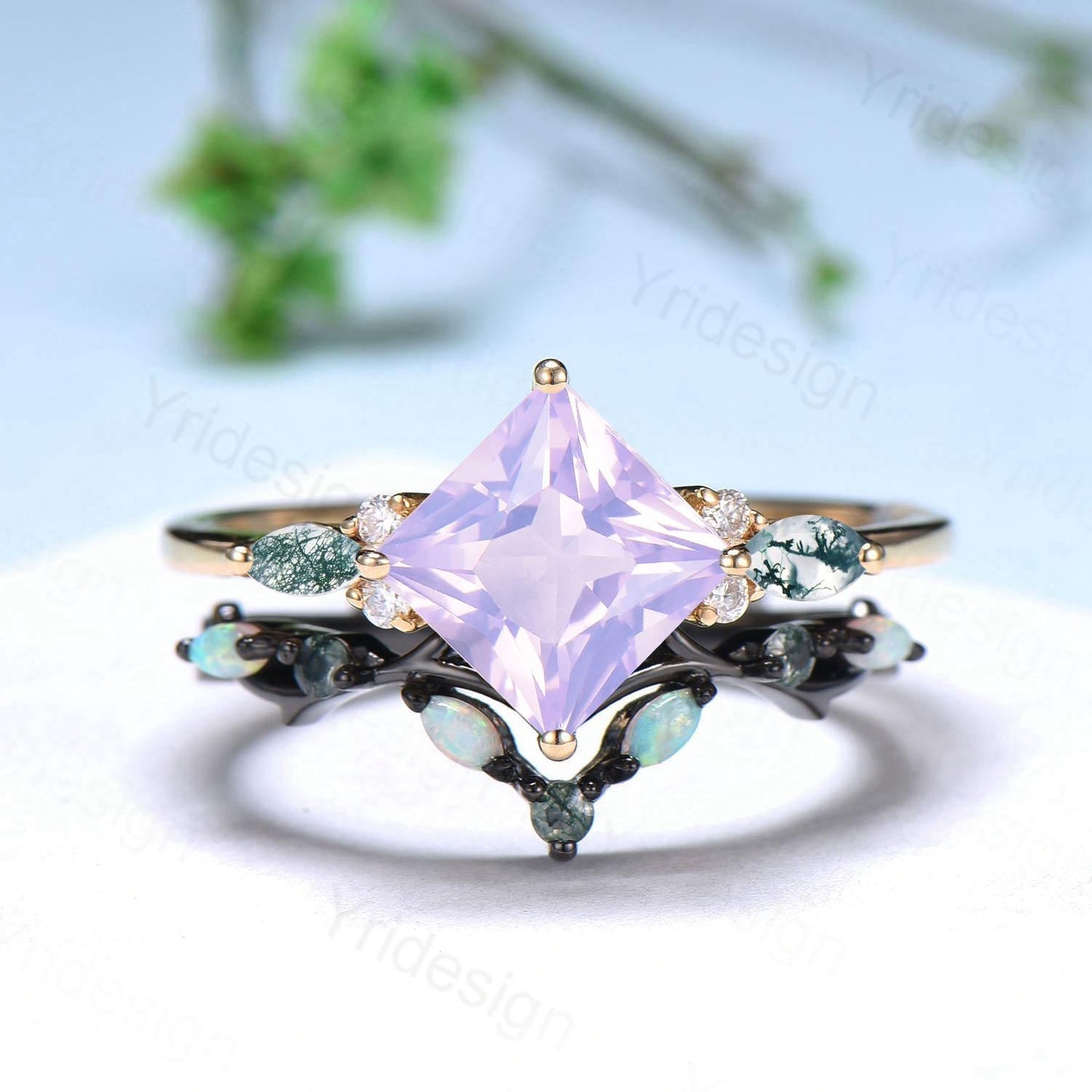 Vintage Princess Cut Lavender Amethyst Engagement Ring Set Vintage Seven Stone Marquise Moss Agate Band Opal Agate Art Deco Bridal Set Women