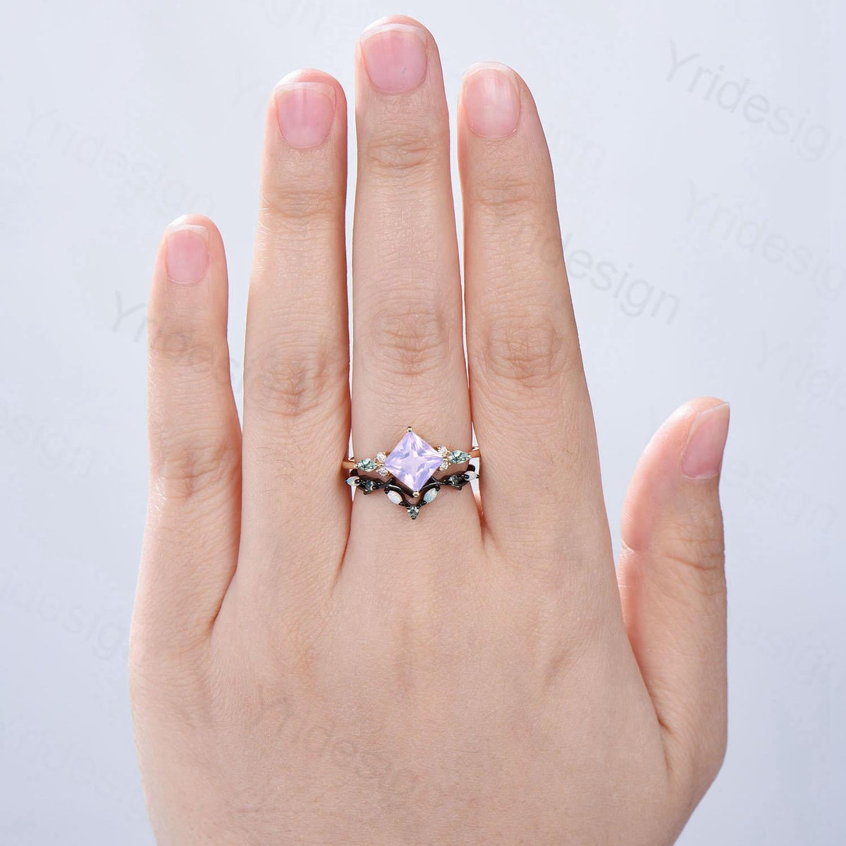 Vintage Princess Cut Lavender Amethyst Engagement Ring Set Vintage Seven Stone Marquise Moss Agate Band Opal Agate Art Deco Bridal Set Women