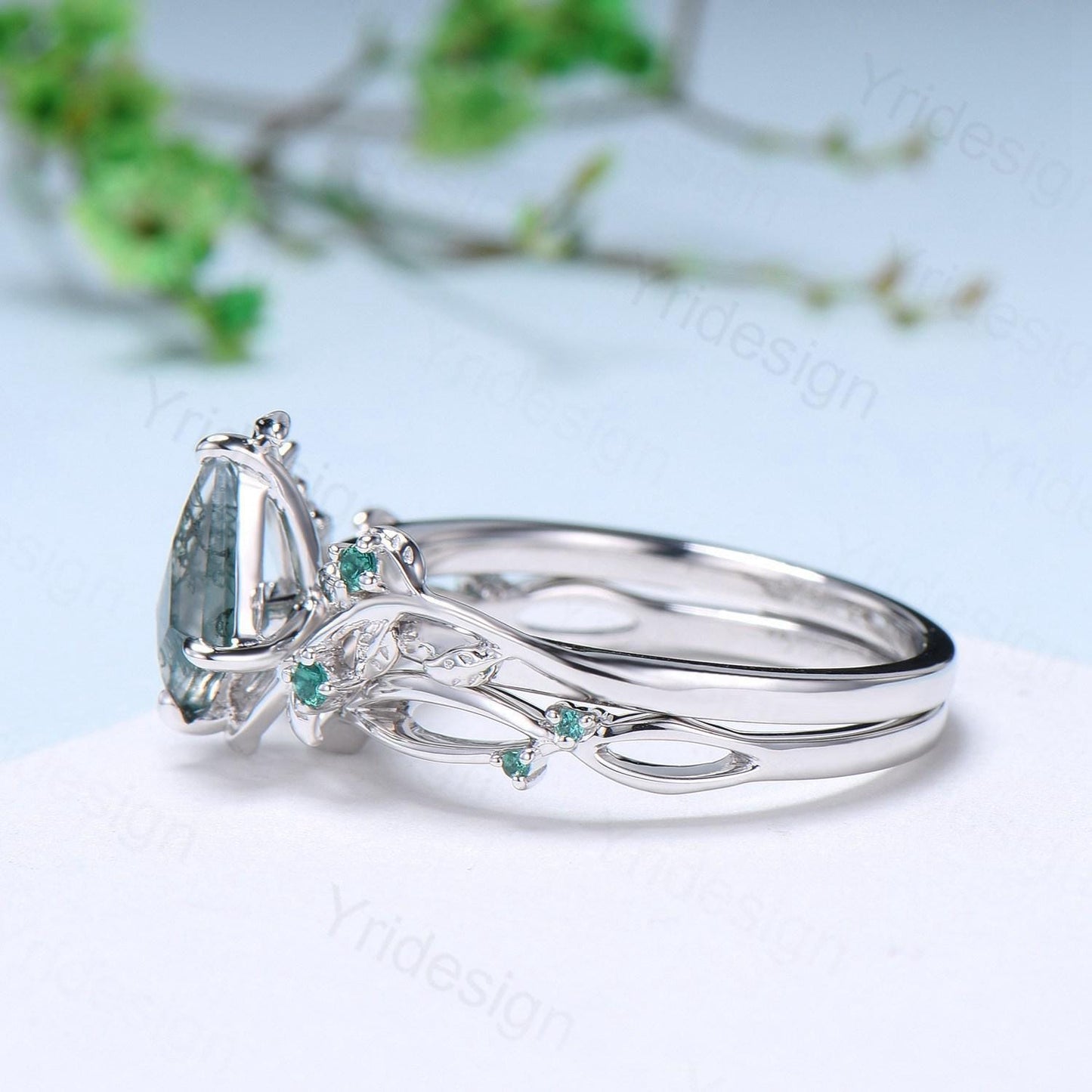 Vintage kite cut moss agate engagement ring set Nature Inspired green agate leaf vine ring cluster emerald eye bridal wedding set for women