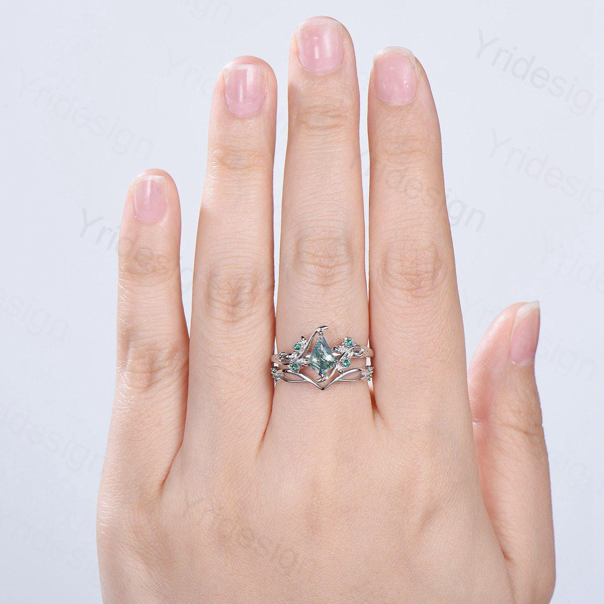 Vintage kite cut moss agate engagement ring set Nature Inspired green agate leaf vine ring cluster emerald eye bridal wedding set for women