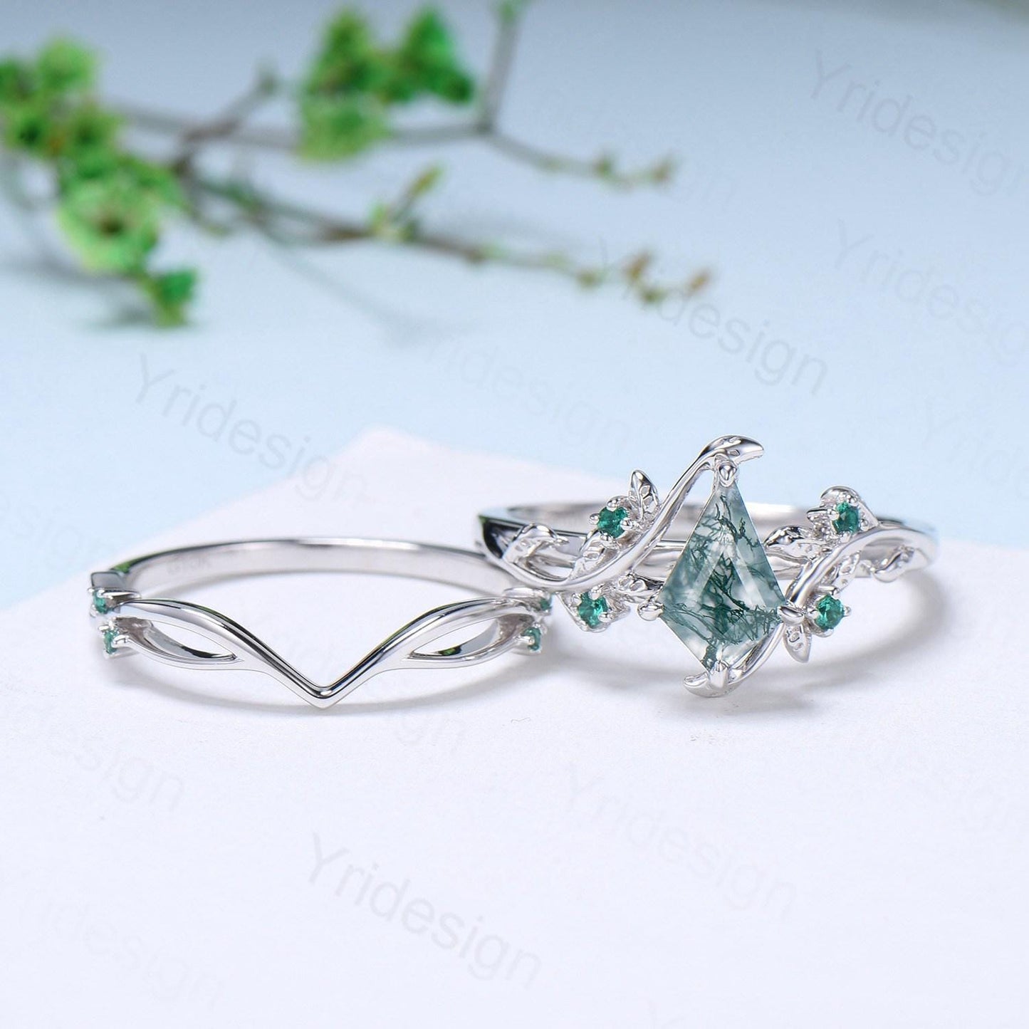 Vintage kite cut moss agate engagement ring set Nature Inspired green agate leaf vine ring cluster emerald eye bridal wedding set for women