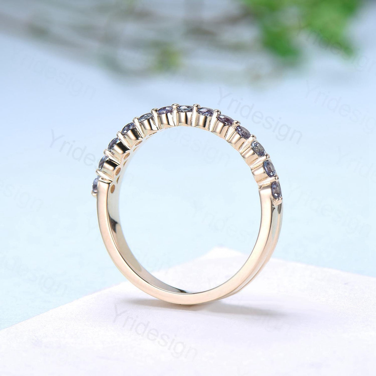 Half Eternity Alexandrite Wedding Band Double Enhance Stackable Wedding Ring For Women Yellow Gold Art Deco Matching Band Anniversary Gift