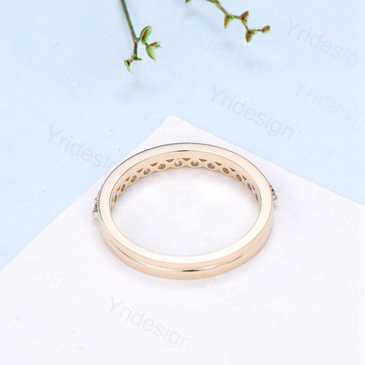 Half Eternity Alexandrite Wedding Band Double Enhance Stackable Wedding Ring For Women Yellow Gold Art Deco Matching Band Anniversary Gift