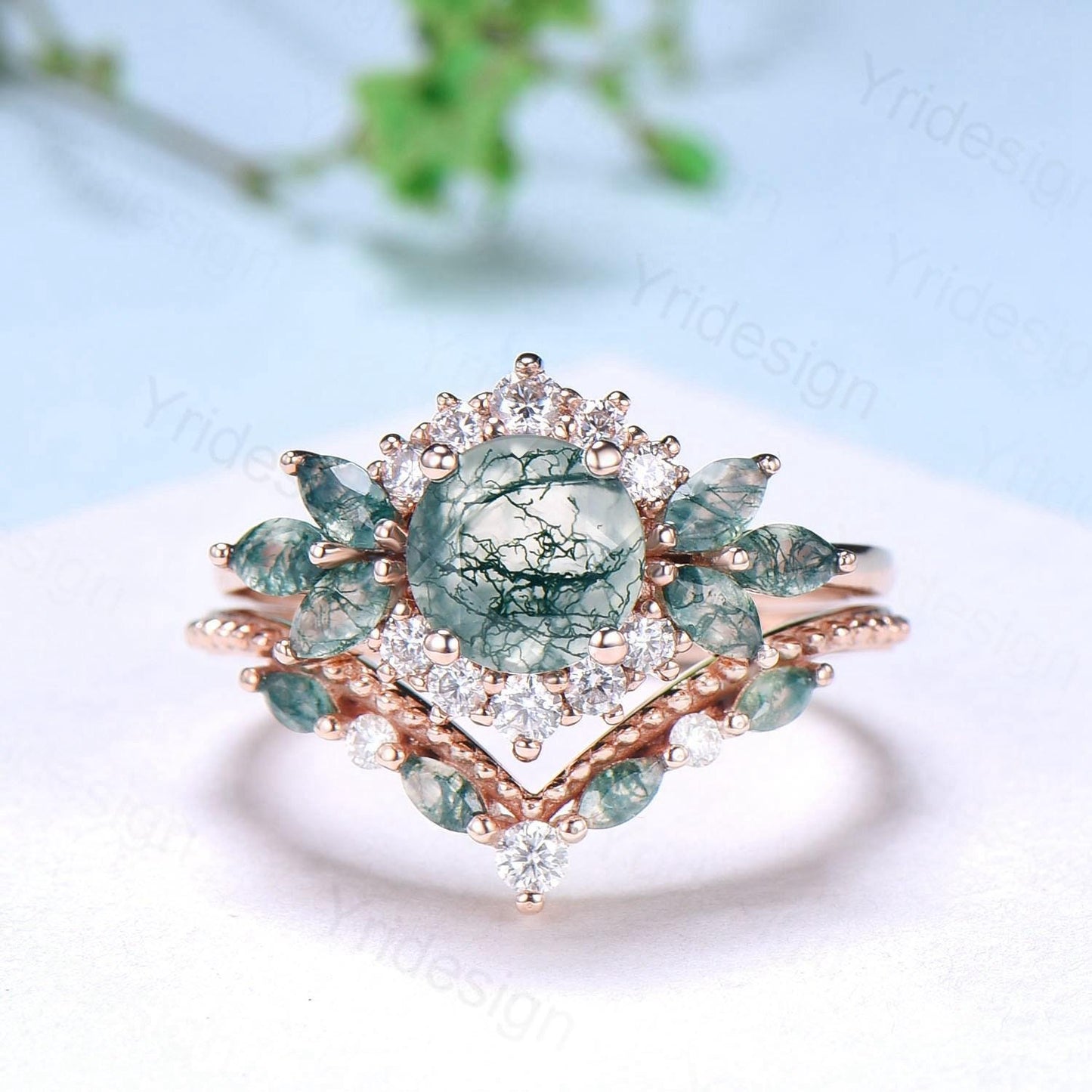 Unique Round Moss Agate Wedding Ring Set Vintage Marquise Green Agate Halo Engagement Ring Set 14k Rose Gold 2pcs Bridal Ring Set for Women