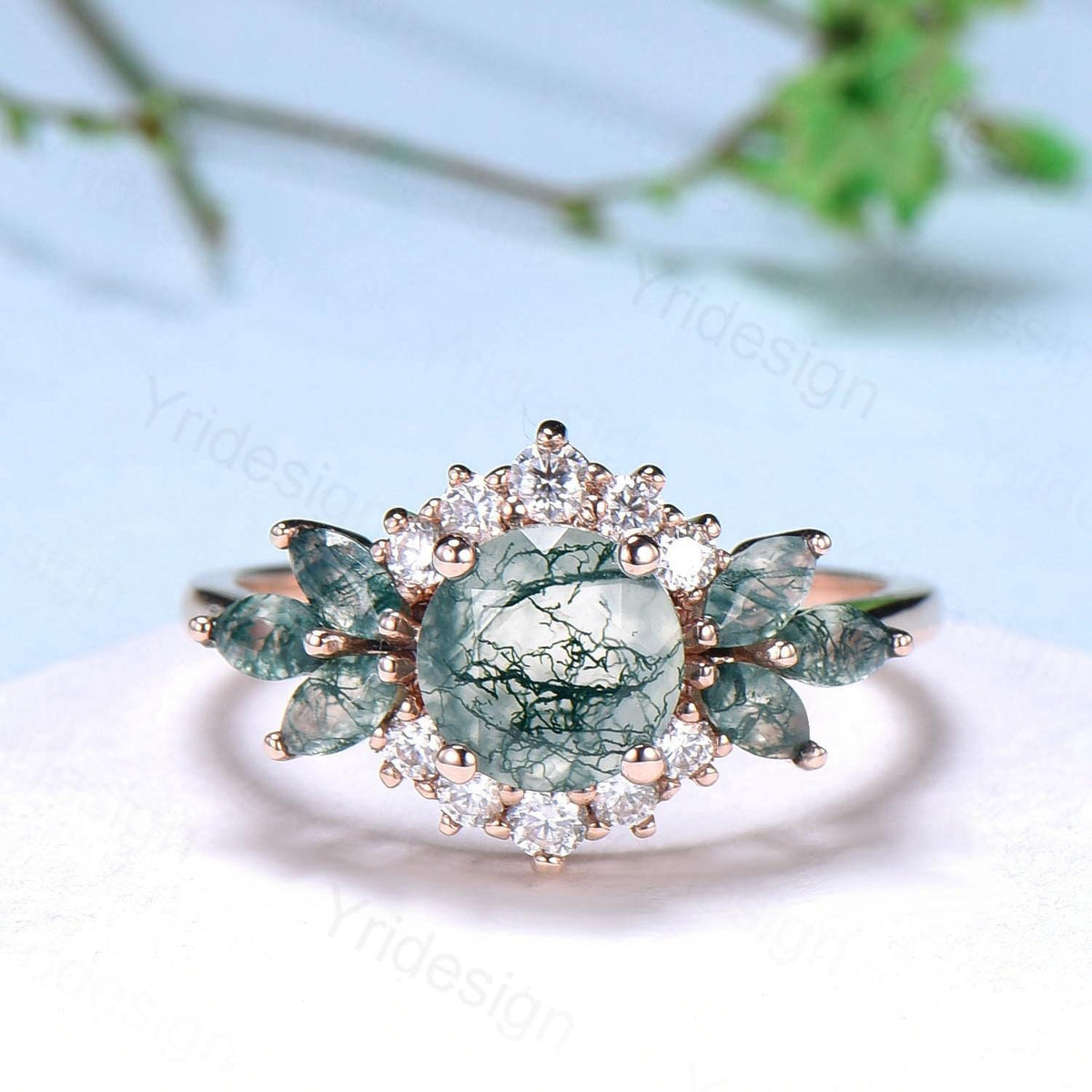Unique Round Moss Agate Wedding Ring Set Vintage Marquise Green Agate Halo Engagement Ring Set 14k Rose Gold 2pcs Bridal Ring Set for Women