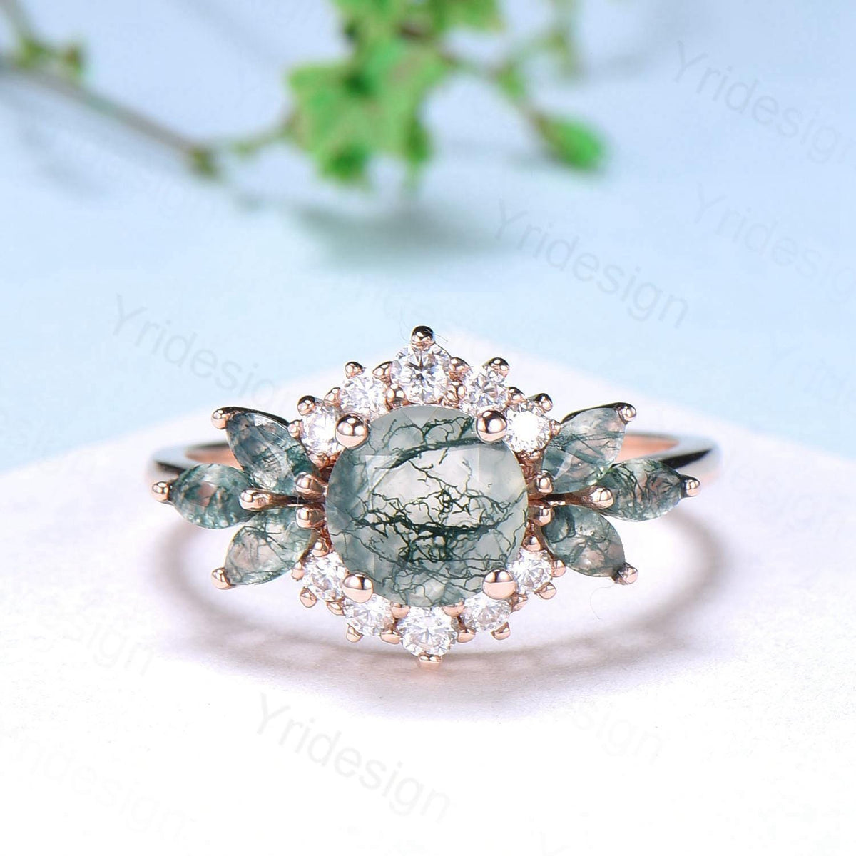 Unique Round Moss Agate Wedding Ring Set Vintage Marquise Green Agate Halo Engagement Ring Set 14k Rose Gold 2pcs Bridal Ring Set for Women