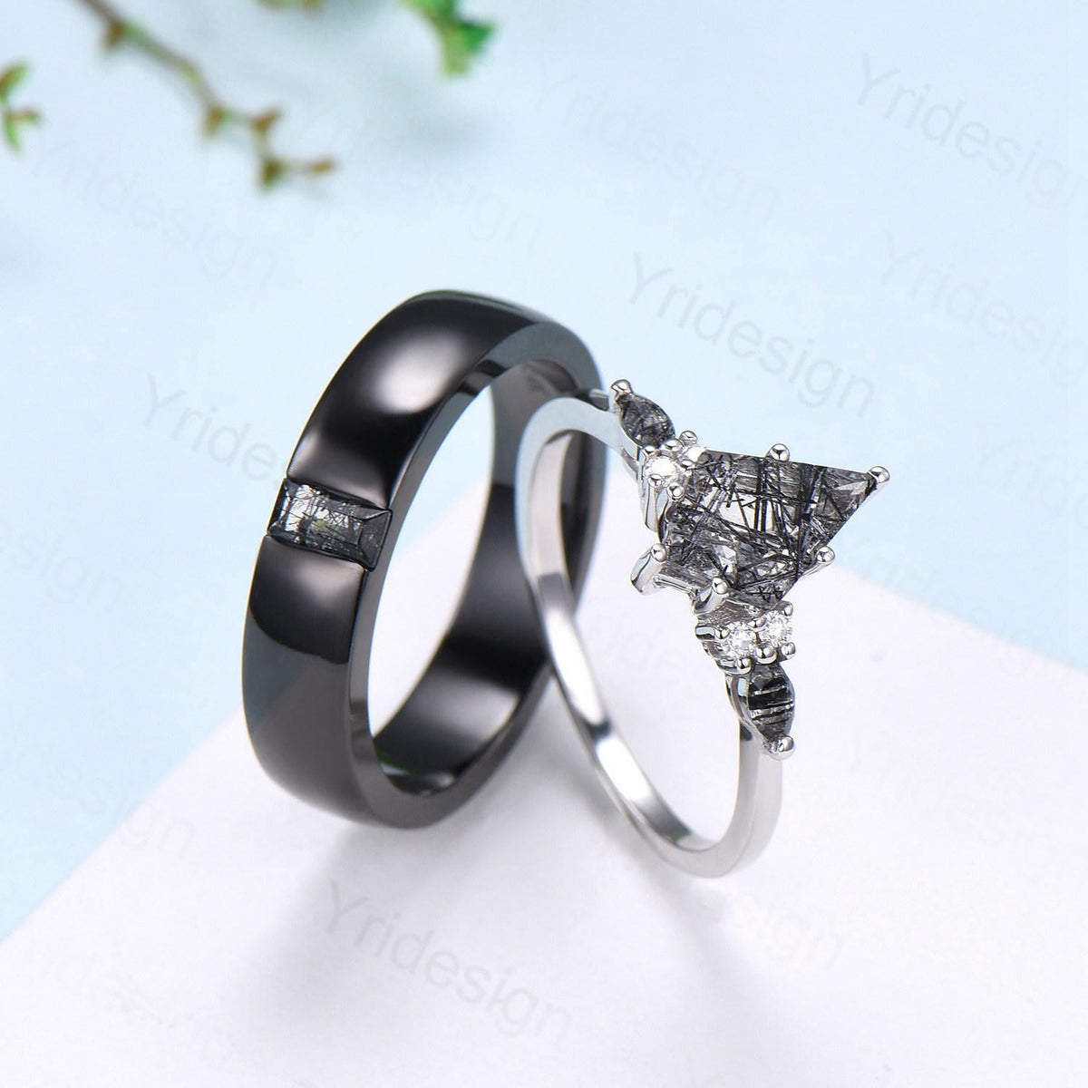 Couples black rutilated quartz ring set, vintage kite cut rutilated engagement ring for women, men's black gold wedding band, His Hers gift