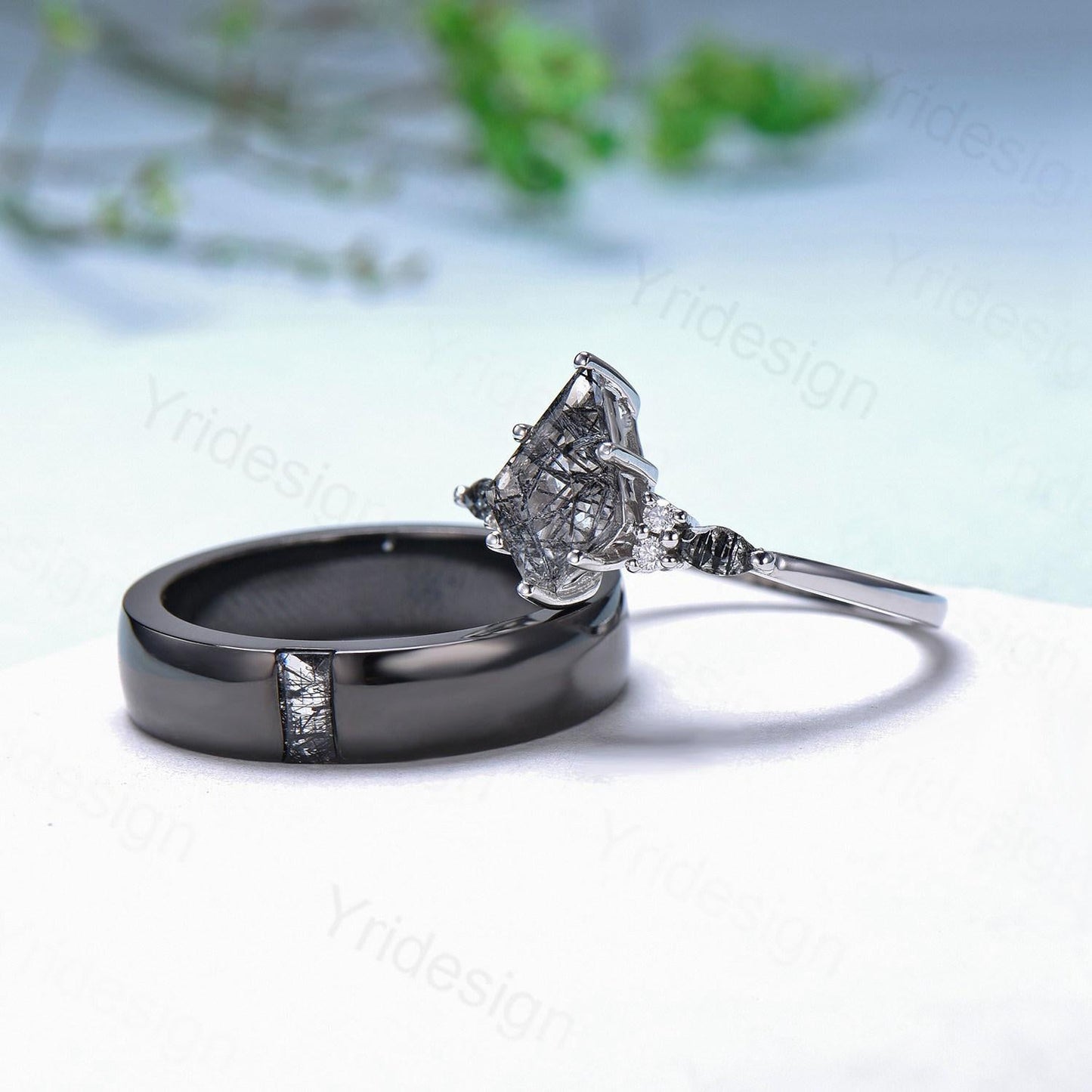 Couples black rutilated quartz ring set, vintage kite cut rutilated engagement ring for women, men's black gold wedding band, His Hers gift