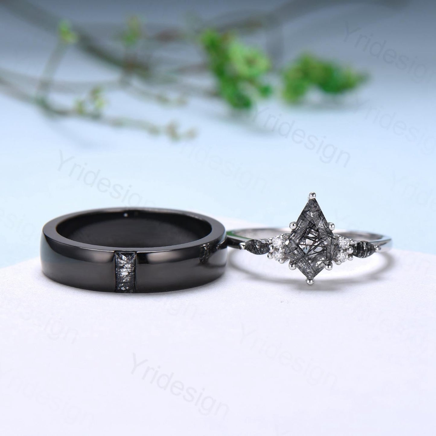 Couples black rutilated quartz ring set, vintage kite cut rutilated engagement ring for women, men's black gold wedding band, His Hers gift