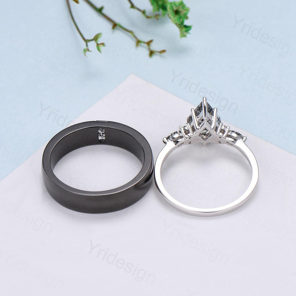 Couples black rutilated quartz ring set, vintage kite cut rutilated engagement ring for women, men's black gold wedding band, His Hers gift