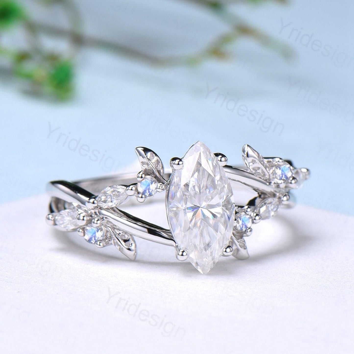 Natural Inspired Marquise Moissanite Ring Unique Leaves Branch Moissanite Engagement Ring Cluster Moonstone Split Shank Twig Wedding Ring