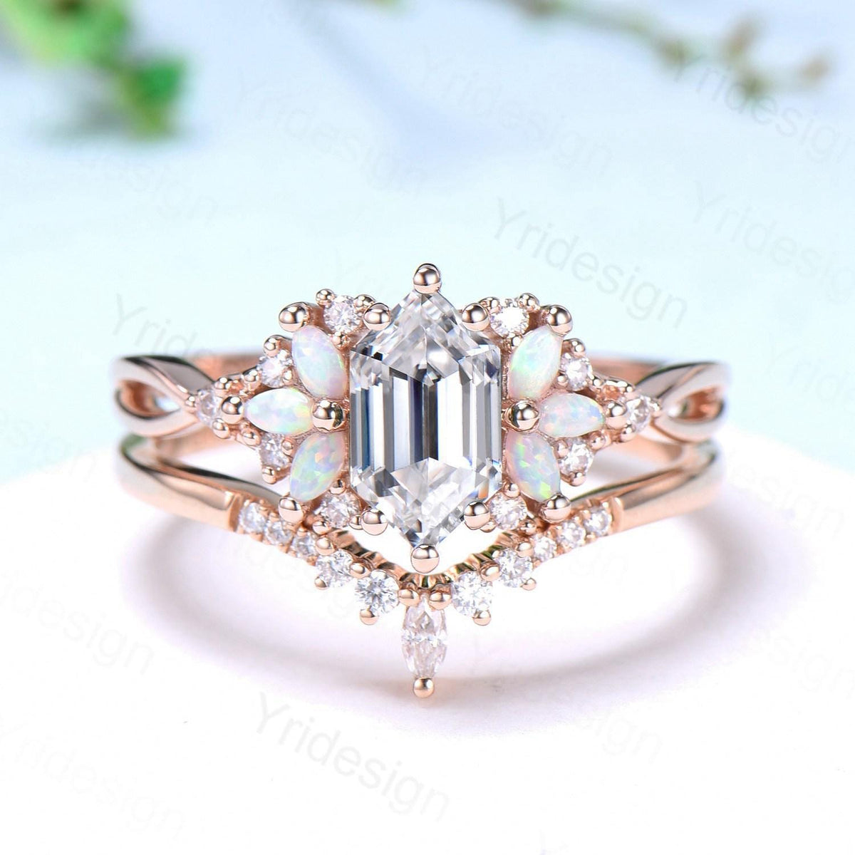 Vintage Long Hexagon cut moissanite engagement ring set cluster marquise opal split shank wedding ring set art deco infinity band bridal set