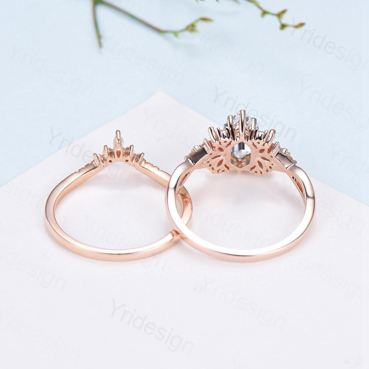 Vintage Long Hexagon cut moissanite engagement ring set cluster marquise opal split shank wedding ring set art deco infinity band bridal set