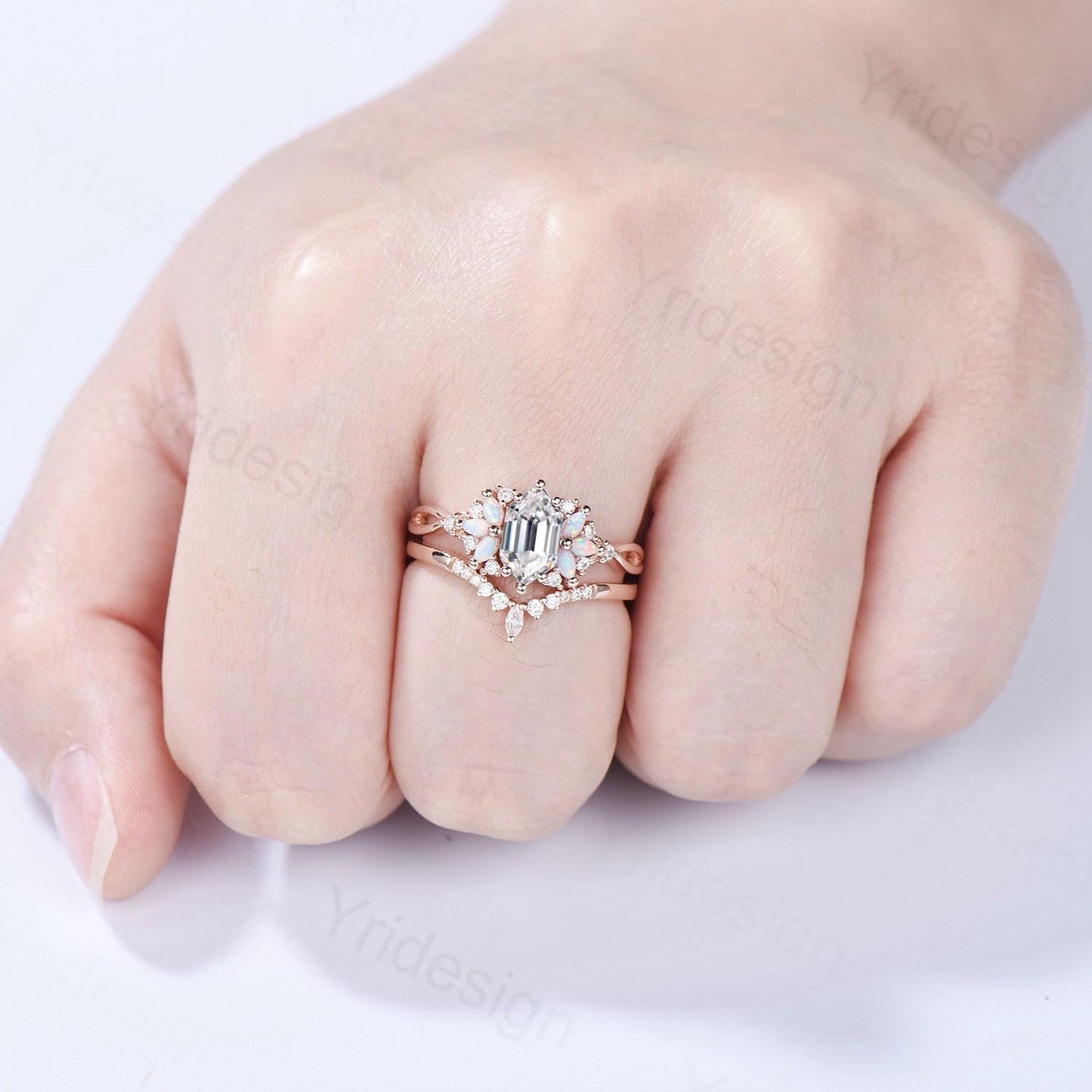 Vintage Long Hexagon cut moissanite engagement ring set cluster marquise opal split shank wedding ring set art deco infinity band bridal set