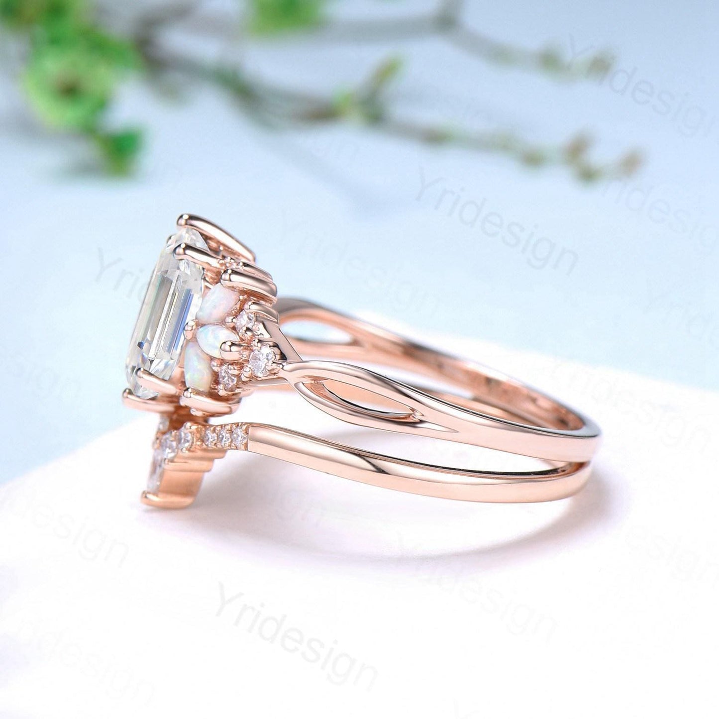 Vintage Long Hexagon cut moissanite engagement ring set cluster marquise opal split shank wedding ring set art deco infinity band bridal set