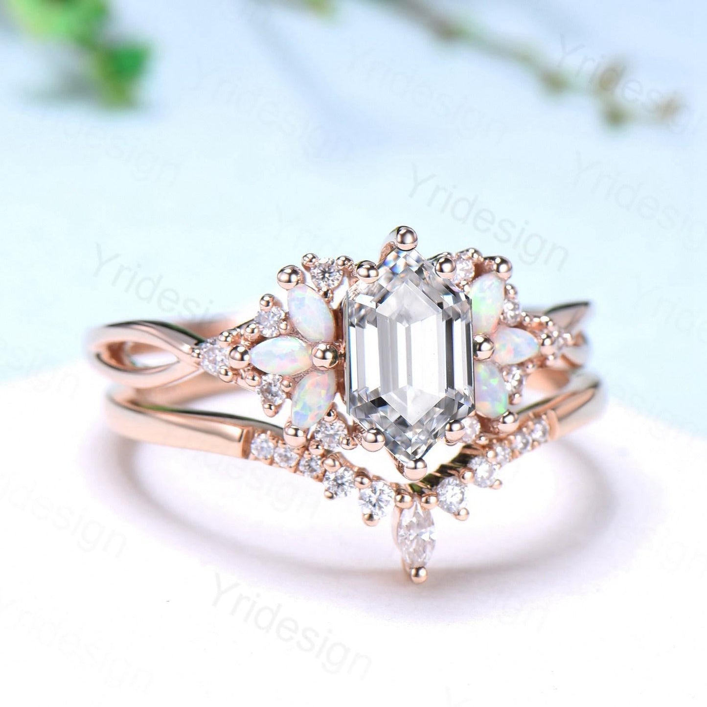 Vintage Long Hexagon cut moissanite engagement ring set cluster marquise opal split shank wedding ring set art deco infinity band bridal set