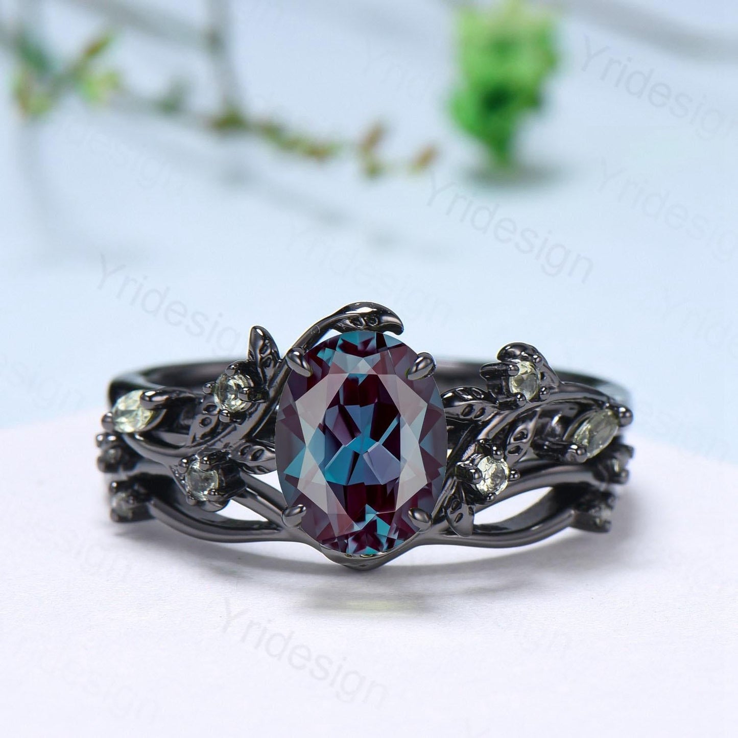 Unique Black Gold Oval Alexandrite Ring Set Nature Inspired Alexandrite Twig Engagement Ring branch peridot leaf wedding ring set for women