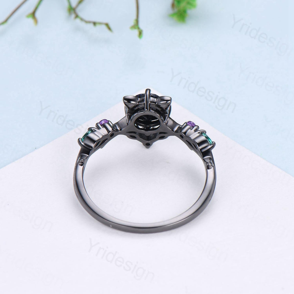 Unique Cat Ring Black Gold Padparadscha sapphire Engagement Ring Black Gold Animal Inspired Amethyst Emerald Band Pink Anniversary Ring Her