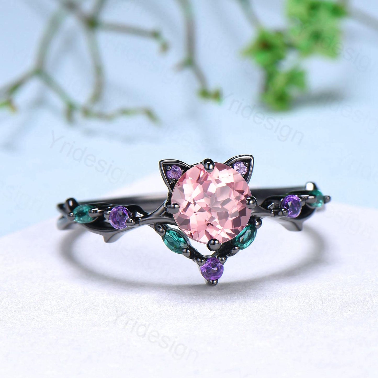 Unique Cat Ring Black Gold Padparadscha sapphire Engagement Ring Black Gold Animal Inspired Amethyst Emerald Band Pink Anniversary Ring Her