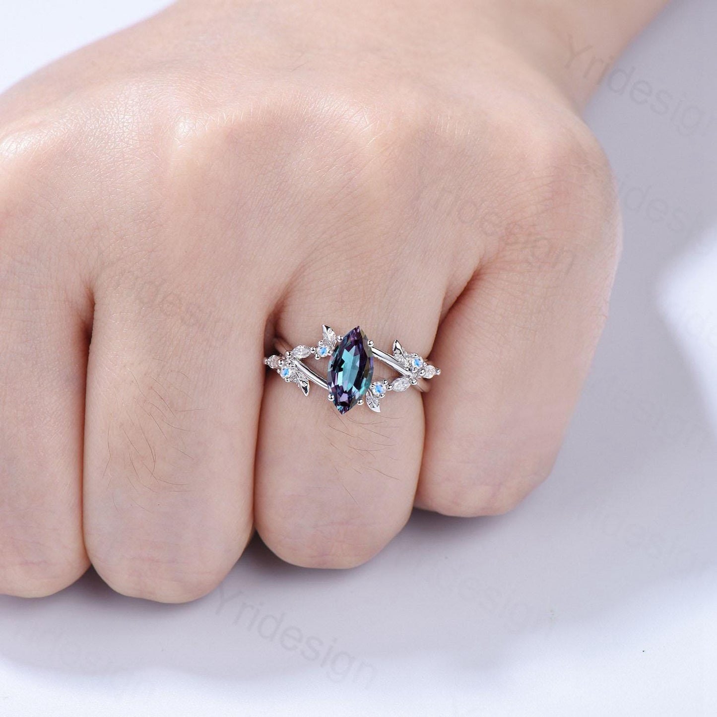 Natural Inspired Marquise Alexandrite Engagement Ring Unique Leaves Branch Color Change Ring Cluster Moonstone Split Shank Twig Wedding Ring