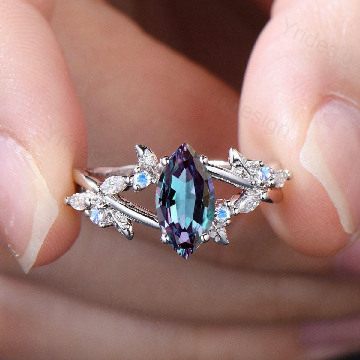 Natural Inspired Marquise Alexandrite Engagement Ring Unique Leaves Branch Color Change Ring Cluster Moonstone Split Shank Twig Wedding Ring