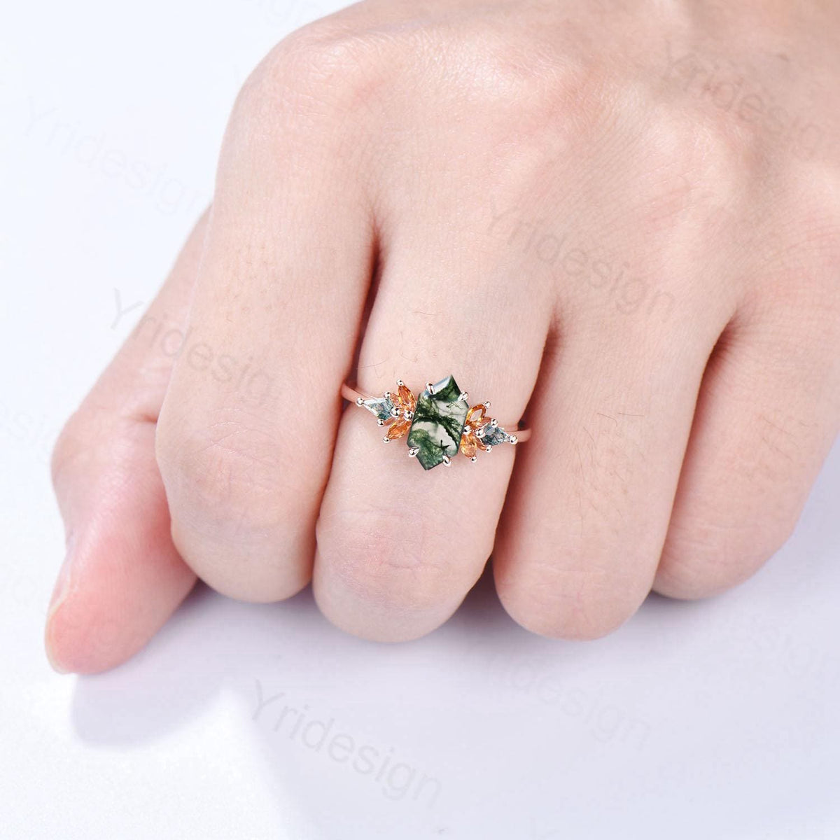 Elongated Hexagon Moss Agate Ring with Citrine Accents - Woodland Sunburst Ring