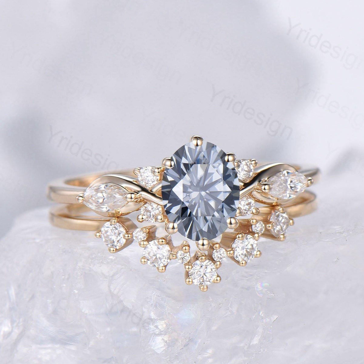 1 Carat Oval Gray Moissanite Engagement Ring Set, Cluster Marquise Moissanite Diamond Bridal Ring Set Unique Twisted Moissanite Bridal Set