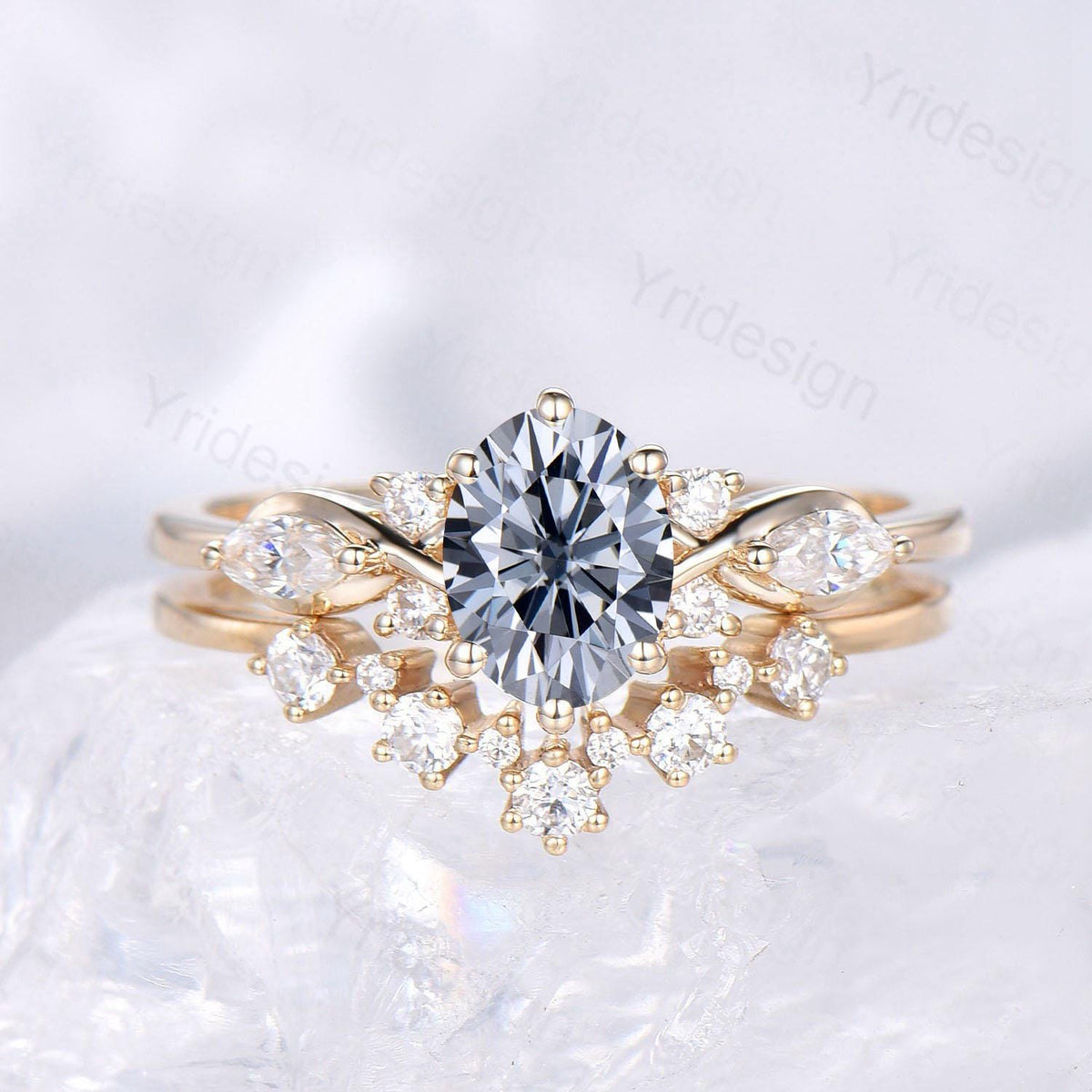 1 Carat Oval Gray Moissanite Engagement Ring Set, Cluster Marquise Moissanite Diamond Bridal Ring Set Unique Twisted Moissanite Bridal Set