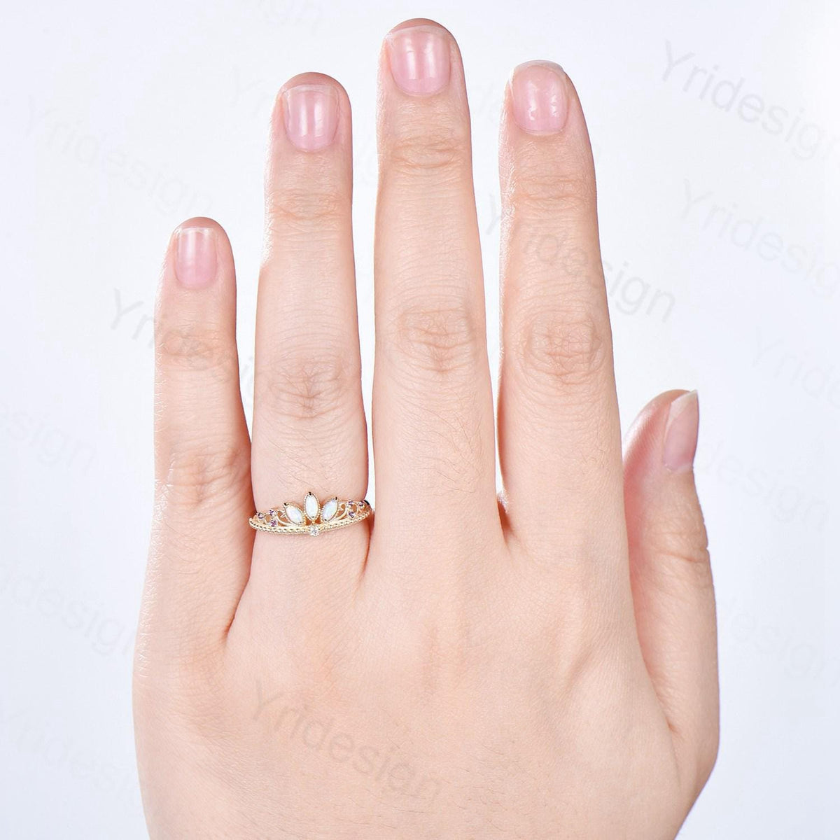 Unique Crown Opal Wedding Band 14K Yellow Gold Art Deco White Opal Stacking Wedding Ring October Birthstone Stacking Band Anniversary gift