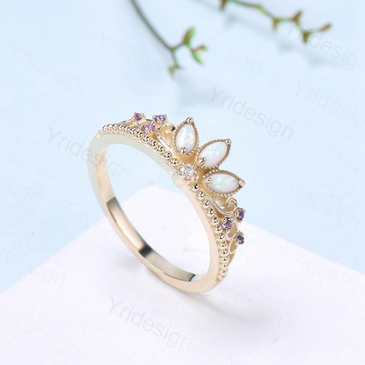 Unique Crown Opal Wedding Band 14K Yellow Gold Art Deco White Opal Stacking Wedding Ring October Birthstone Stacking Band Anniversary gift