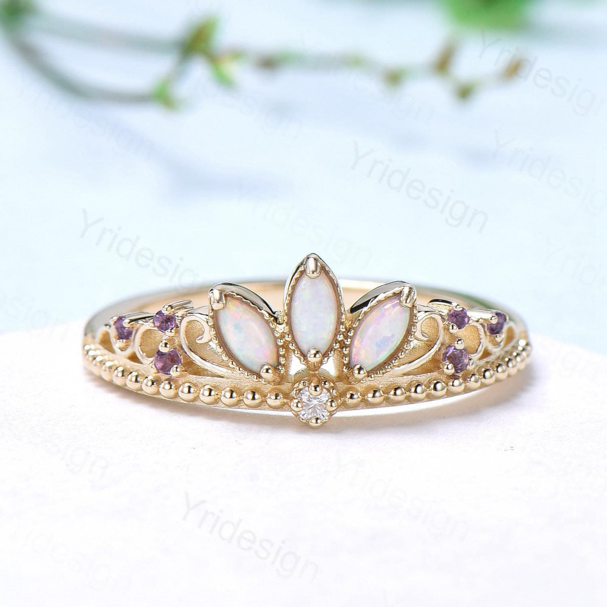 Unique Crown Opal Wedding Band 14K Yellow Gold Art Deco White Opal Stacking Wedding Ring October Birthstone Stacking Band Anniversary gift