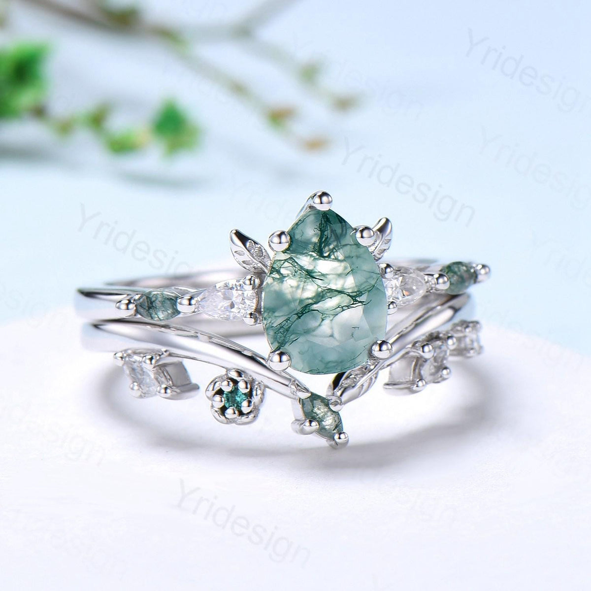 Unique Pear Shaped Natural Green Moss Agate Engagement Ring Set Devil Five Stone Nature Inspired Agate Leaf Flower Bridal Ring Set for Women