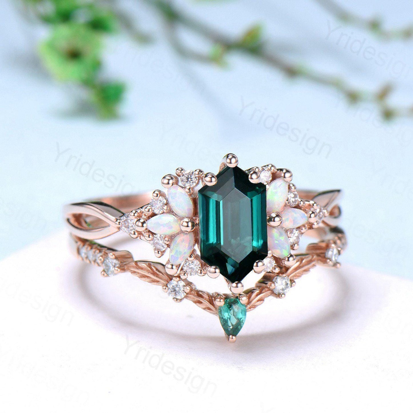 Vintage long hexagon emerald wedding ring set rose gold vintage emerald split shank engagement ring rose gold infinity bridal set for women