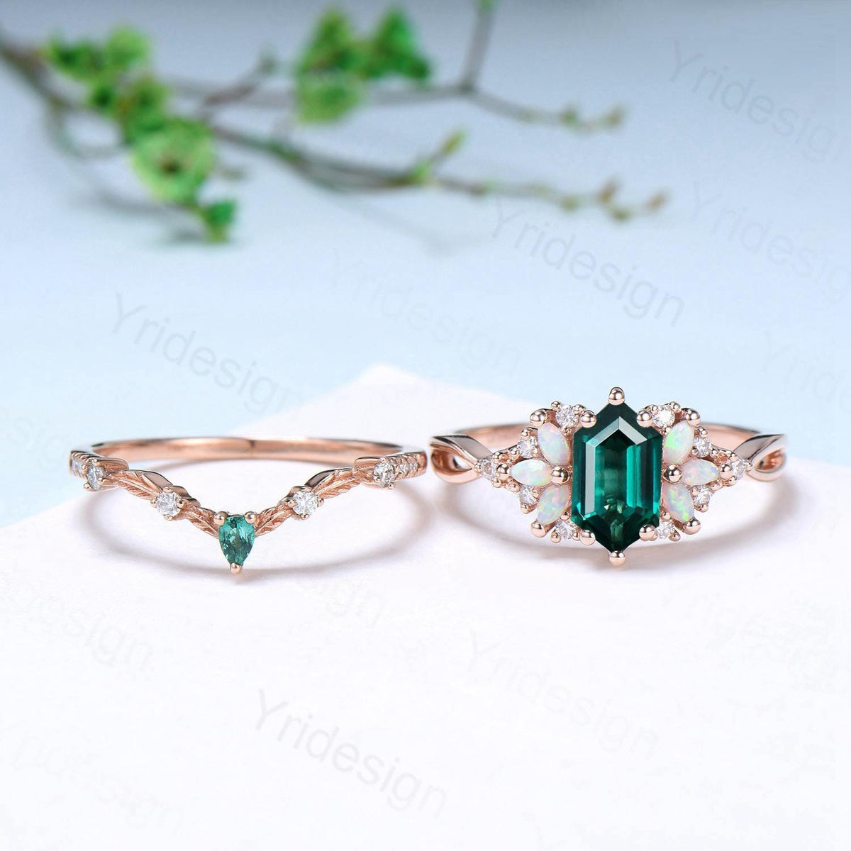 Vintage long hexagon emerald wedding ring set rose gold vintage emerald split shank engagement ring rose gold infinity bridal set for women
