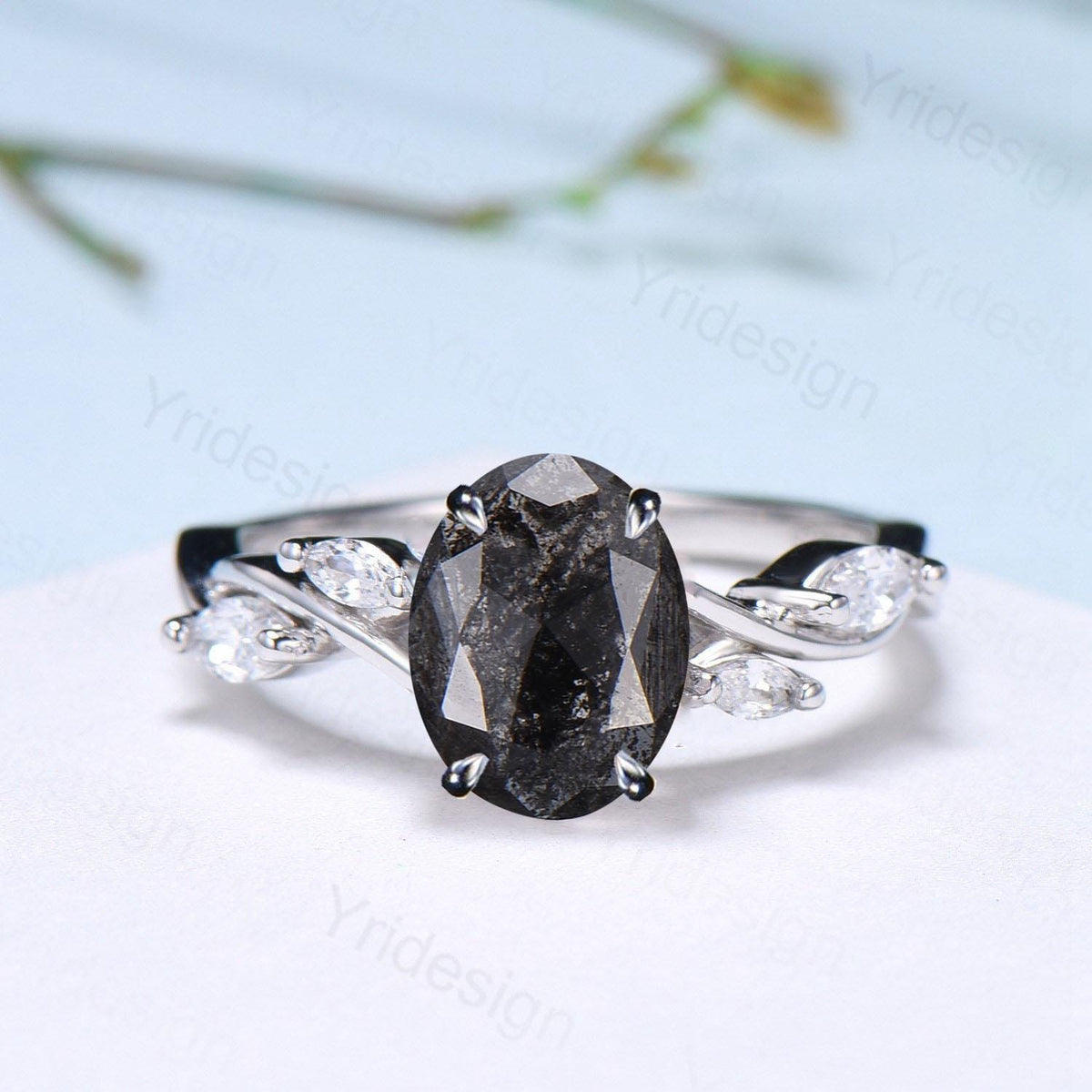 Vintage oval salt and pepper diamond engagement ring 14k white gold spilt shank band marquise diamond promise ring anniversary gift for Her