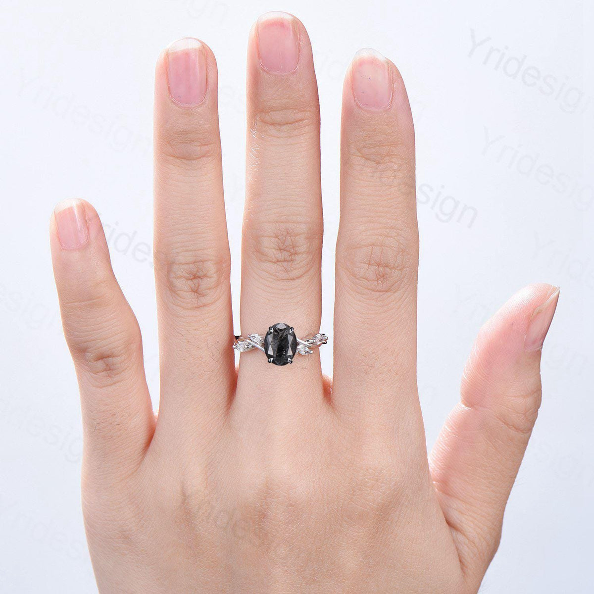 Vintage oval salt and pepper diamond engagement ring 14k white gold spilt shank band marquise diamond promise ring anniversary gift for Her