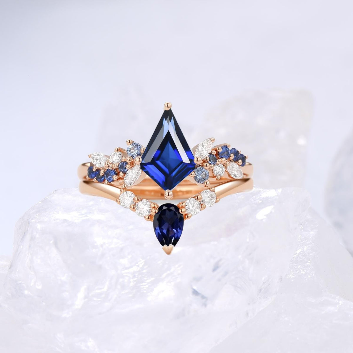 Unique kite cut sapphire ring set Cluster moissanite Vintage blue sapphire engagement ring wedding set elegant anniversary bridal set women