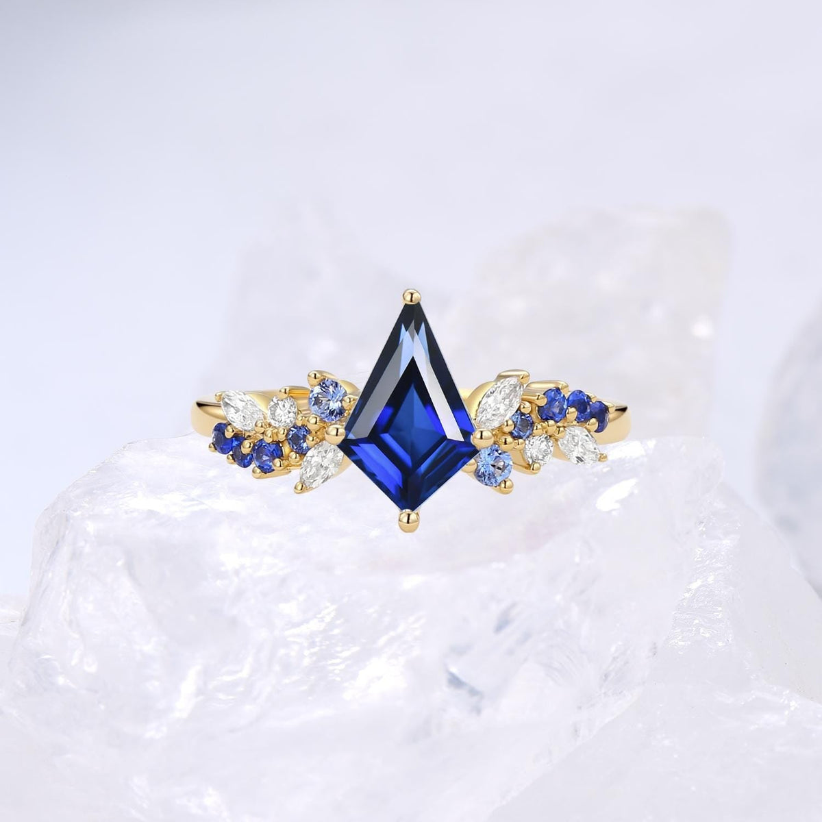Unique kite cut sapphire ring set Cluster moissanite Vintage blue sapphire engagement ring wedding set elegant anniversary bridal set women
